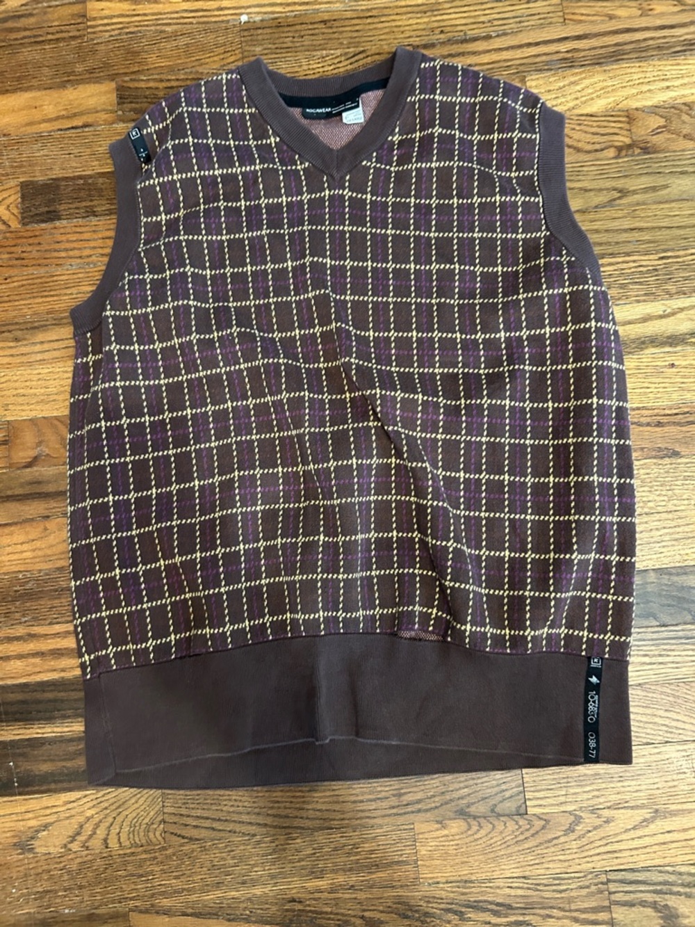 Rocawear Brown V-Neck Plaid Sweater Vest with Yellow and Purple Accents